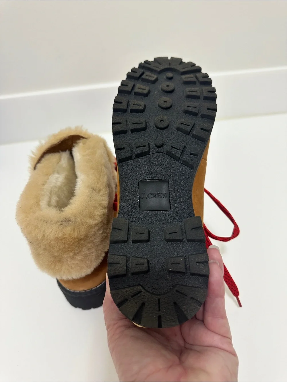 J.Crew Fur-Lined Lace-Up Boots – Tan Suede, Red Laces Size 7